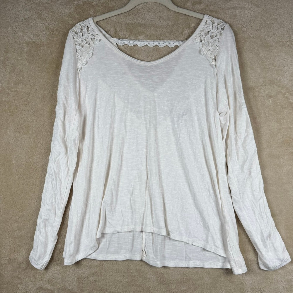Abercrombie Fitch White Lace Trim V‎ Neck Long Sleeve Top Women's XS